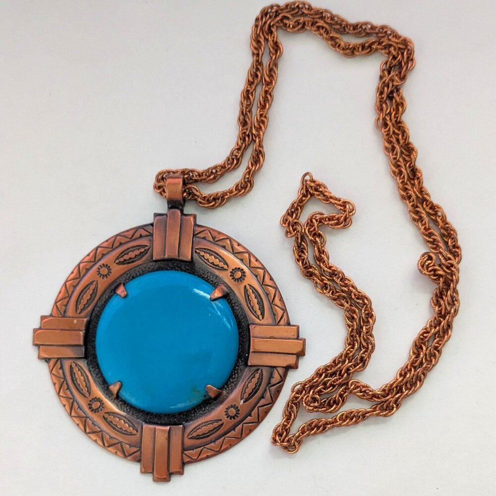 Vintage SOLID COPPER Southwestern Tribal Large Pendant Necklace